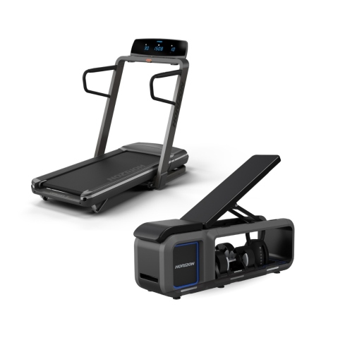 Pack para entrenar en casa de cardio y fuerza con Cinta de correr Omega Z y Banco de musculaci&oacute;n ajustable HBN70 con mancuernas y kettlebell incluidas